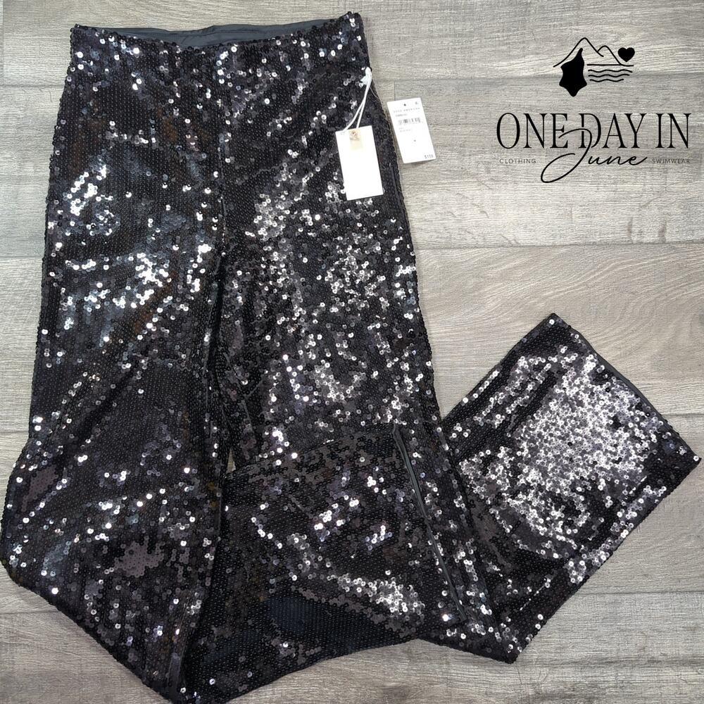 Good American \Sequin Wide Leg Pull On Pants Black NWT $159 Size M